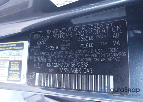 2015 Kia Optima Lx z USA, uszkodzony, nr VIN KNAGM4A7XF5622538